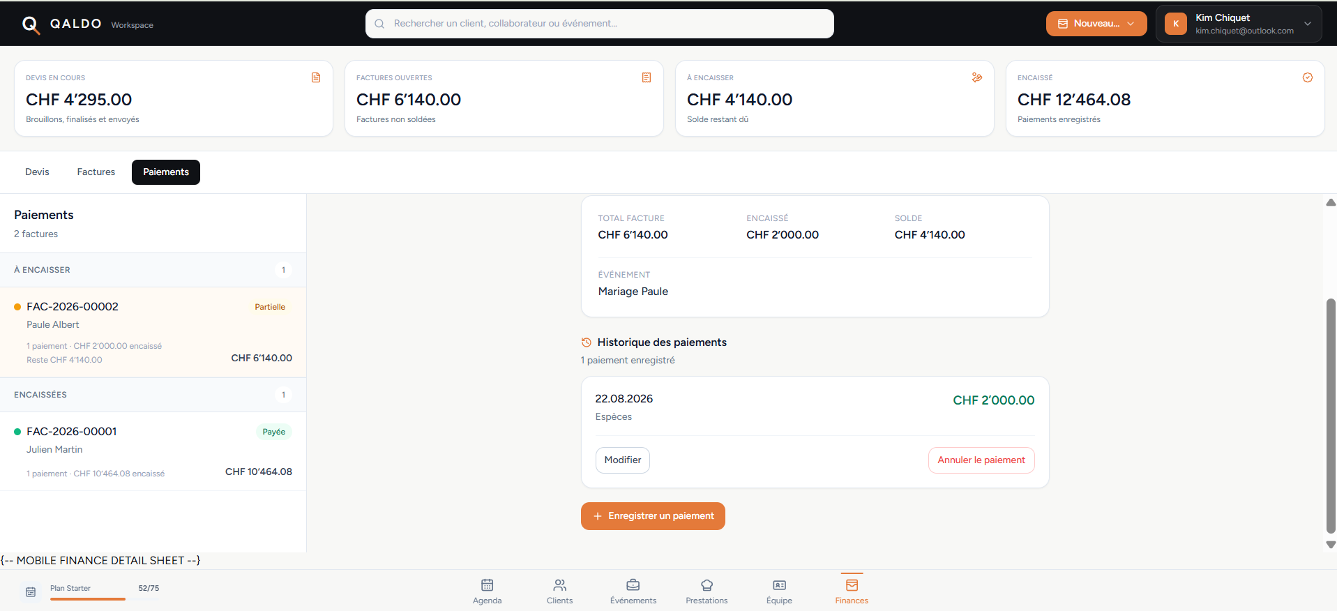 Quote, invoice and payment tracking in QALDO